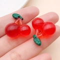 3D resin cherry charm with glitter and green leaf for DIY jewelry making and accessories - Glitter Cherry (24386) / 21x21x12mm