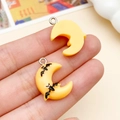 Yellow moon resin charms for Halloween jewelry DIY featuring black bat prints - Yellow Moon Bat (24205) / 15x21mm