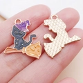 Halloween black cat pendant with purple witch hat on broom for DIY jewelry making - Black Enamel Halloween Wizard Broom Black Cat (25007)