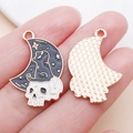 Cartoon moon-shaped alloy enamel pendant with black cat and skull detail for DIY crafts - Black Enamel Halloween Moon Skull Black Cat (25008)