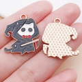 Cartoon reaper cat enamel pendant with grey hood and red bowknot for DIY jewelry - Black Enamel Halloween Scythe Skull Cat Reaper (25011)