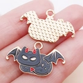 Cartoon bat alloy pendant with black enamel finish and red devil horns for DIY crafts - Black Enamel Halloween Bat Cat (25014)