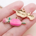 Pink lips and rose DIY charm pendant featuring gold-plated metal and colorful enamel - Pink Enamel Valentine Lip Biting Rose Mouth (21189) / 13x30mm