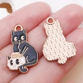 Handgehouden zwarte kat emaille hanger met roségouden afwerking voor DIY-sieraden maken - Halloween Schedel Nudel Kat (18127)