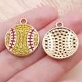 Golden baseball pendant charm with yellow rhinestones and red enamel for DIY jewelry - Yellow Enamel Rhinestone Sports Softball (24940) / 22x18x3mm