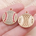 Sparkling baseball charm pendant with white rhinestones and red stitching details - White Enamel Rhinestone Sports Softball (24941) / 22x18x3mm
