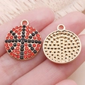 Golden round pendant with red and black crystals, double-sided DIY jewelry accessory - Red Enamel Rhinestone Sports Basketball (24942) / 22x18x3mm
