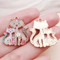 Cat-shaped zinc alloy charm with pink floral enamel finish for DIY keychains - Brown