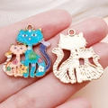 Cartoon floral cat alloy charms in blue and pink for DIY keychain and bag decor - Blue