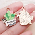 Cute cactus and kitten enamel pendant with golden textured back for DIY jewelry - Green Cactus French Bulldog (24996) / 1 Piece/Pack (26.5x22x1mm)