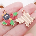 Pendentif chat de Noël avec bois et ruban rouge sur base or rose pour porte-clés DIY - Chat Renne Nœud Émaillé Rouge