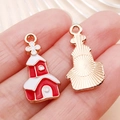 Christmas house alloy charm with red and white enamel finish for DIY jewelry crafting - Red Christmas Castle House (25460)