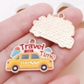 Yellow cartoon taxi enamel charm with Travel Time engraving for DIY jewelry making - Yellow Enamel Travel Time Taxi / 20x26mm