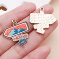 Cartoon alloy vacation travel charm with sunset and mountain design in drip oil gold finish - Blue Enamel Vacation Sign / 27x25mm