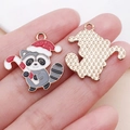Cute Christmas raccoon charm with red hat and candy cane, gold metal pendant - Gray Enamel Christmas Cane Raccoon Style (25272)