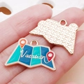 Travel map enamel charm in gold finish with Vacation text and colorful location markers - Blue Enamel Vacation Map / 16x25mm