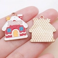Enameled metal Christmas house charm pendant with Xmas text and gold plated base - Red Enamel Xmas Christmas House Style (25275)