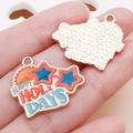 Enamel alloy pendant with HAPPY HOLIDAYS text and golden sun for DIY jewelry making - Orange Enamel Holidays Happy Sign / 22x24mm
