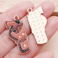 Pink and brown enamel cowboy boot with pistol charm pendant showing front and back views - Brown Enamel Pistol Charm (25017)