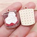 Golden enamel cowboy whiskey glass charm with ice cubes for DIY jewelry making - Brown Wine Glass with Ice Cube Charm (25019)