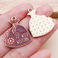 Purple enamel money bag charm with Wild Western text and rose gold textured back - Brown Money Bag Charm (25021)