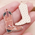 Pink enamel cowboy boot pendant with Wild Western scenery design and gold metal back - Brown Cowboy Boot Pendant (25023)