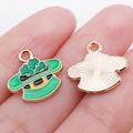 Saint Patrick's Day green top hat enamel pendant with golden clover and metal ring - Green Enamel Shamrock Hat / 14x15x1mm