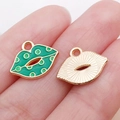 Lip-shaped charms with green enamel gold dots and sunburst texture for DIY jewelry - Green Enamel Lips / 12x15x1mm