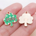 Enamel shamrock charm with Lucky inscription and golden metal back for DIY jewelry - Green Enamel Shamrock lucky / 17.5x15x1mm
