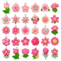 Mix of 30 pink resin flower charms including tulips and roses for DIY jewelry making - Pink Magenta Mixed Resin Flower Kit (SN1502)