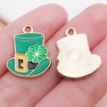Front and back view of green enamel St. Patrick's Day clover hat alloy pendant charm - Green Enamel Shamrock Hat lucky / 19x15x1mm