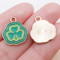 Green enamel clover lucky charm pendant with golden sunburst pattern texture back - Dark Green Enamel Shamrock / 17x15x1mm