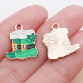 Green enamel St. Patrick's Day boot charm with shamrock pattern on gold alloy - Green Enamel Shamrock Boots / 17x14x1mm