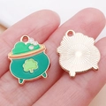 Enameled four-leaf clover cauldron charm in green and gold for DIY jewelry making - Green Enamel Shamrock Pot / 19x15x1mm