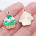Luck-themed cupcake charms in green and white enamel with golden alloy finish - Green Enamel Shamrock Cupcake / 19x15x1mm
