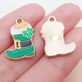 Green St. Patrick's Day boot charm with four-leaf clover and gold coin detailing - Green Enamel Shamrock Boots / 20x13.5x1mm