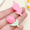 Pink resin rose flower pendants with green leaves and silver metal rings for DIY jewelry - Rose Red Resin Rose (24345) / 33x16x12mm
