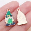 Green gnome charm with lucky four-leaf clover for St. Patrick's Day DIY jewelry - Green Enamel Shamrock Gnome / 21x11x1mm