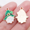 Saint Patrick's Day gnome pendant with green enamel clover detail and gold metal back - Green Enamel Shamrock Gnome / 21x15x1mm