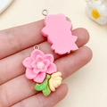 Fuchsia resin flower pendants with green leaves for DIY jewelry making held in hand - Rose Red Resin Camellia (24349) / 32x21x6mm