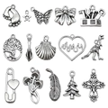 Set of 15 antique silver alloy pendants including butterfly heart and feather for DIY jewelry - Antique Silver Mixed Set 15 Styles (SN1550)