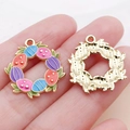Easter wreath pendant with colorful enamel eggs and green leaves on gold alloy - 22x20mm / Colorful Enamel Egg Wreath (23087)