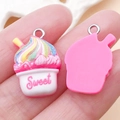 Pink resin ice cream cupcake charm with metal loop and Sweet text for DIY jewelry - Rose Red Base Rose White Style (24529)