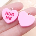Pink resin heart pendant with HUG ME text and silver loop for DIY jewelry making - Rose Red Hug Me (SN24523)