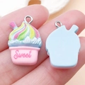 Resin cupcake pendant with pink sweet engraving and silver ring for DIY jewelry making - Lake Blue Base Pink Style (24530)