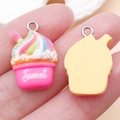 Rainbow resin cupcake pendant with Sweet logo for DIY jewelry making and keychains - Yellow Base Rose Red Style (24531)