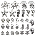 Set of antique silver ocean themed DIY jewelry charms with starfish and seahorse motifs - Antique Silver Ocean Series Assortment (SN1548) / Set of 30 Pieces (15 Styles) / Antique Silver