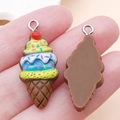 Resin strawberry ice cream cone pendant with yellow white and blue layers and silver ring - Coffee Brown Style