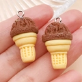Miniature resin chocolate ice cream cone pendant with silver ring and grid texture - Coffee Brown Ice Cream