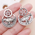 Ciondoli vintage in argento con pentacolo e luna con corvo per creazione gioielli - Uccello Stella Pentagramma (23x33mm)